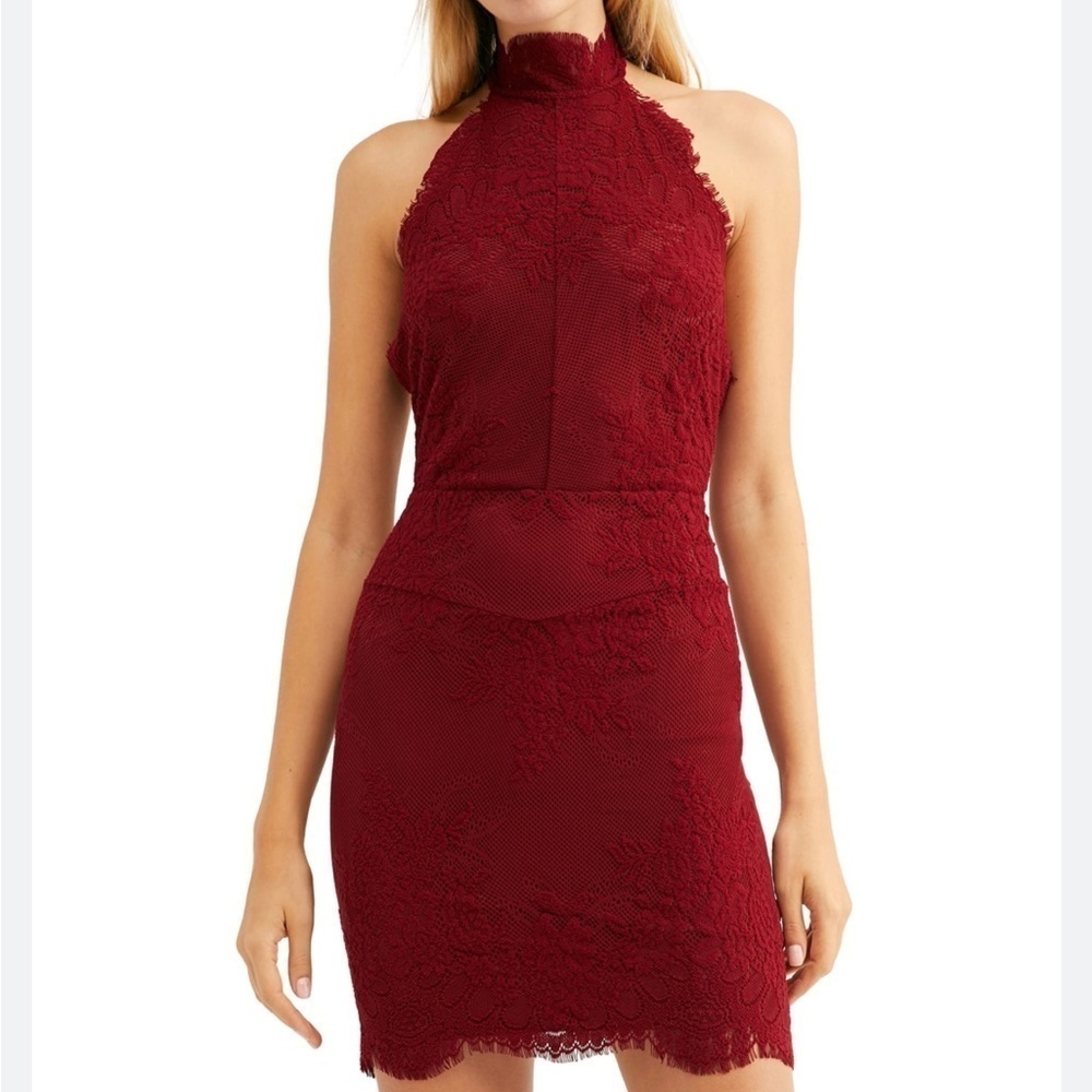 NWT Free People High Neck Red Floral Harper Lace Mini Dress Size Medium